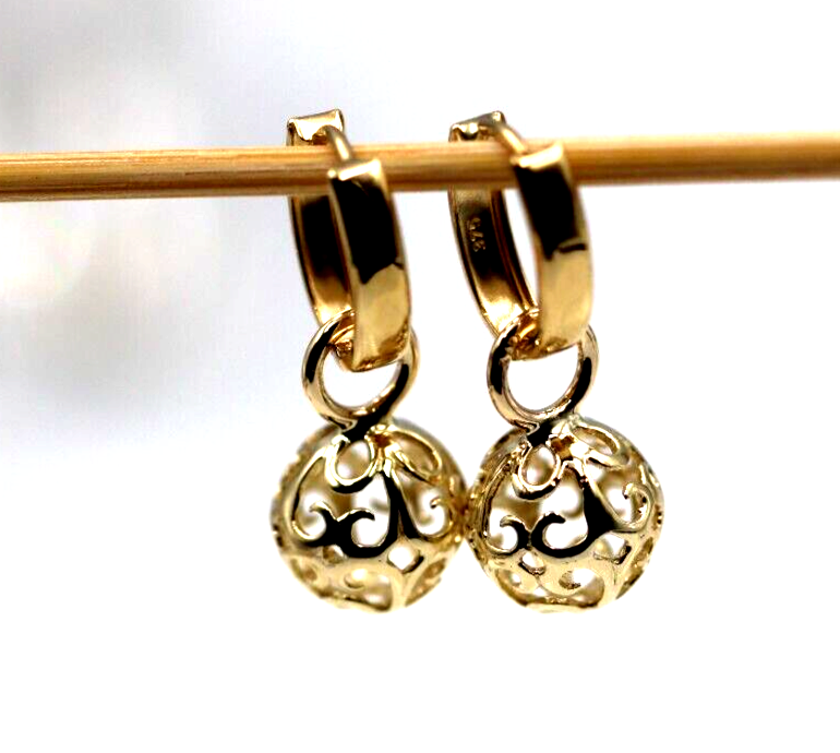 Genuine 9ct 9k 375 Yellow Gold Hoop 10mm Filigree Ball Huggies Earrings