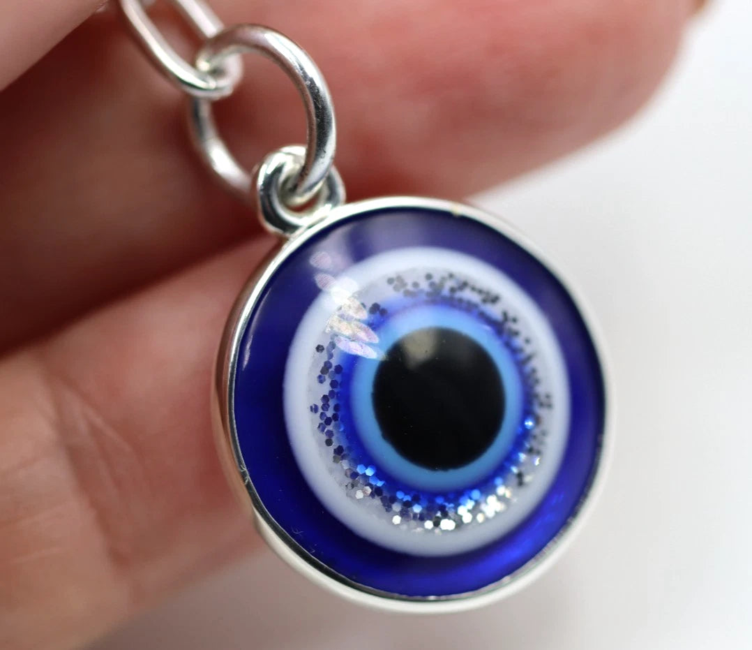 Genuine Sterling Silver 925 Greek Evil Eye Key Ring Keyring with Chain + 21mm