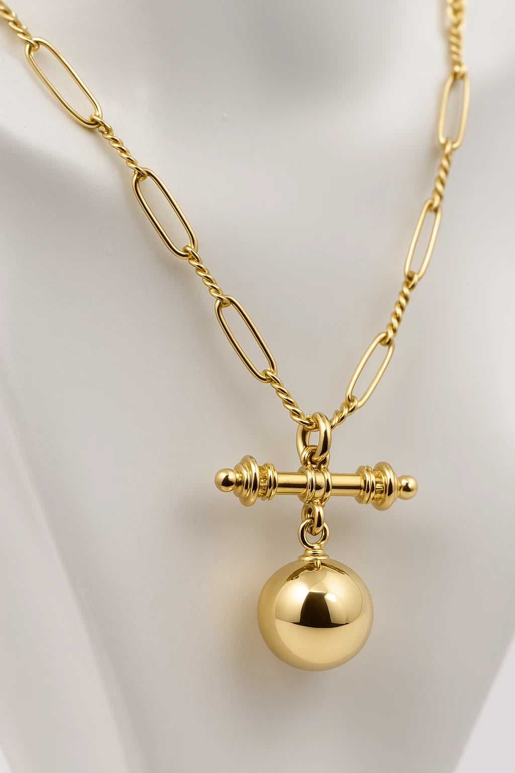 Genuine 55cm 9ct Yellow Gold Paper Clip Chain Necklace + 16mm Ball T-Bar Pendant