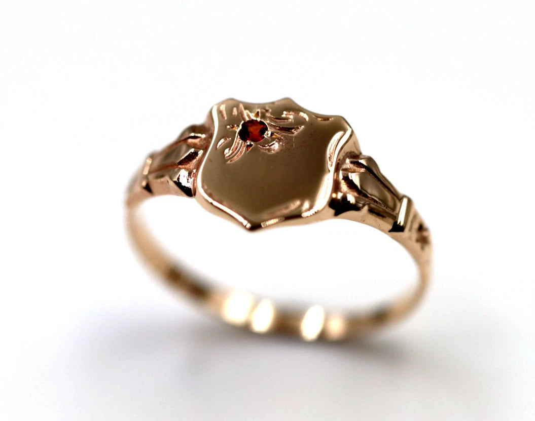 Size K 9ct Small Yellow, Rose or White Gold Garnet (Birthstone For January) Shield Signet Ring
