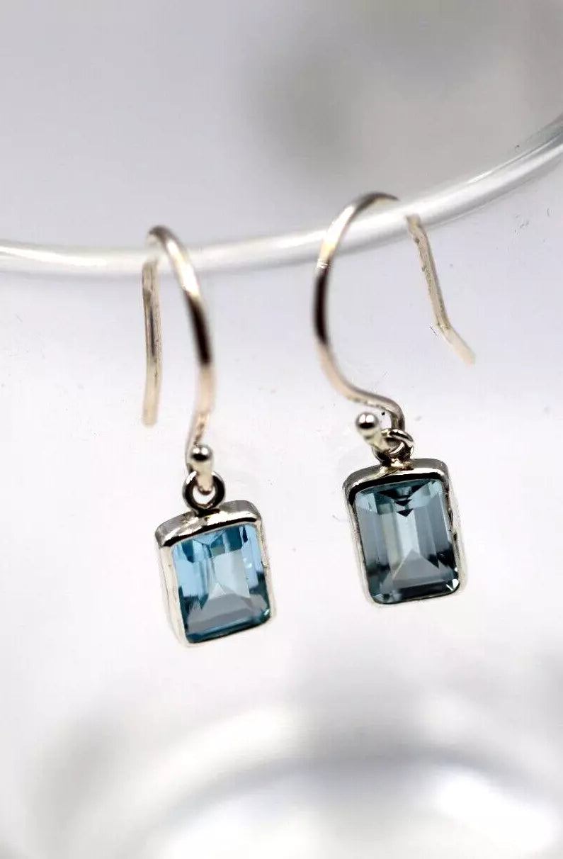 Genuine Sterling Silver 925 Blue Topaz Bezel Hook Earrings