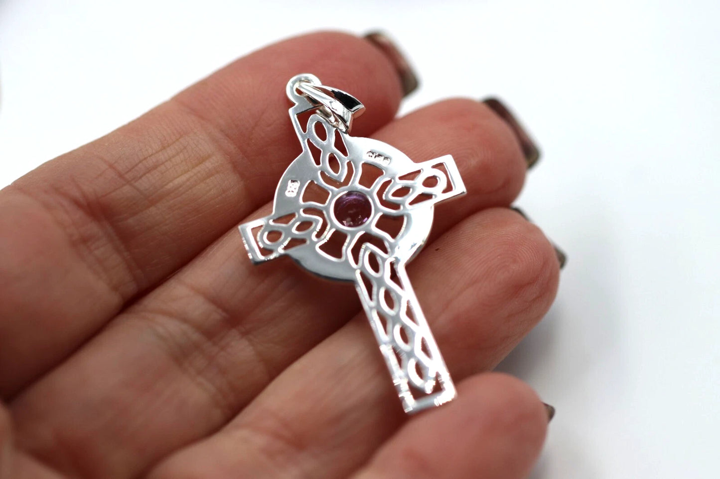 Sterling Silver 925 Large Amethyst Celtic Cross Pendant