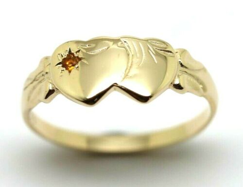 Genuine 9ct 9k 375 Yellow Gold Double Heart Yellow Topaz November Birthstone Signet Ring In your size