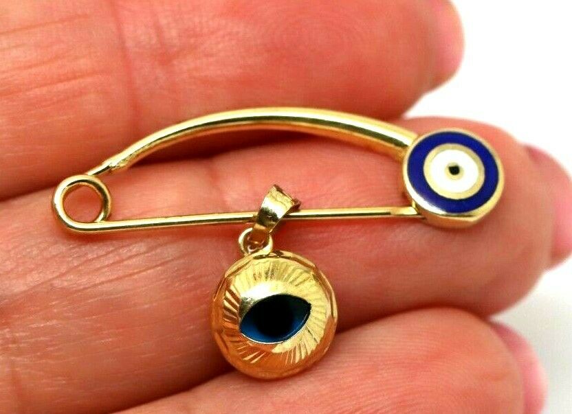 Genuine 14ct Yellow Gold Baby Child's Kids Brooch Evil Eye Mati