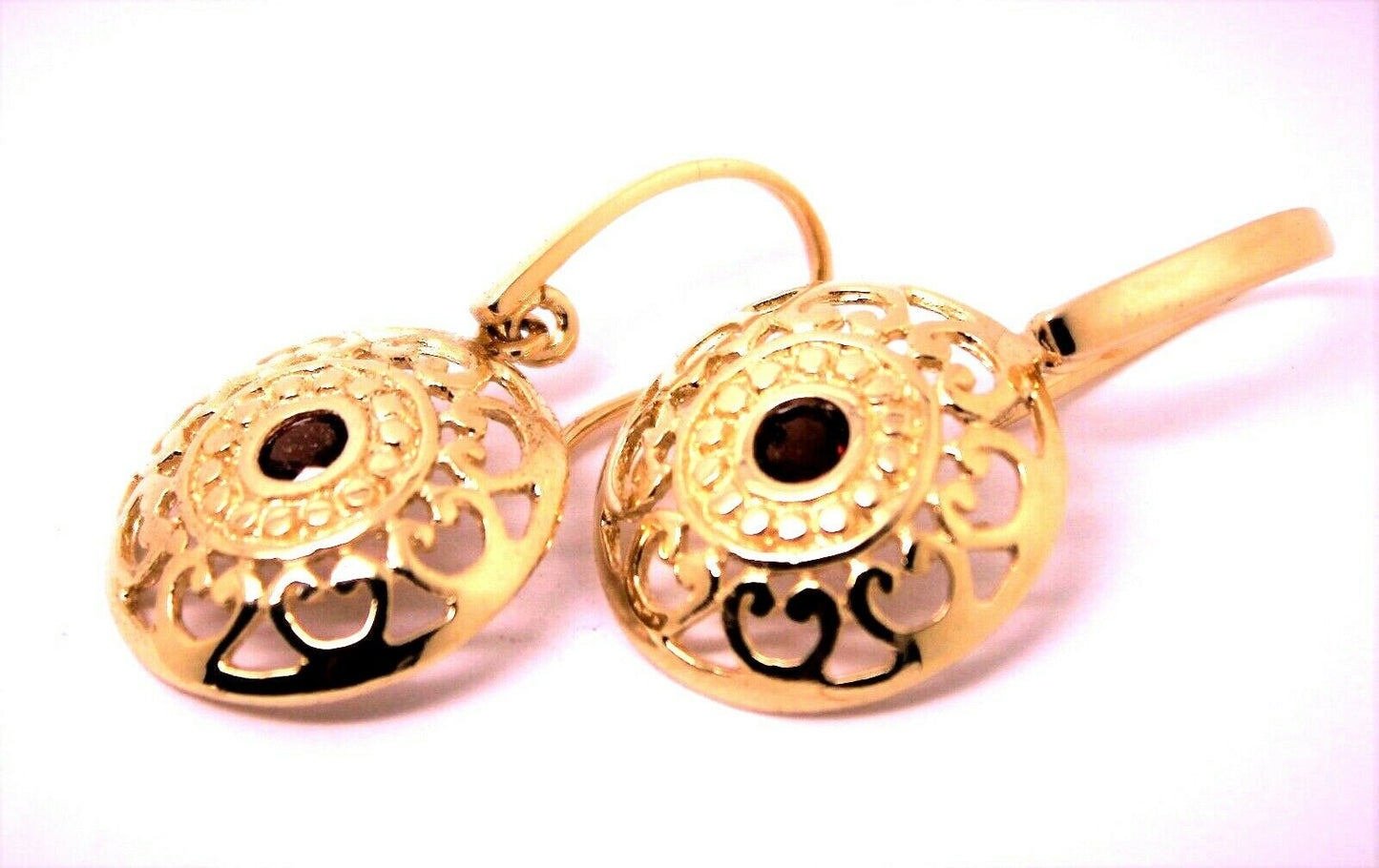 Genuine Heavy 9ct Solid Yellow, Rose or White Gold Antique Red Garnet Filigree Drop Earrings