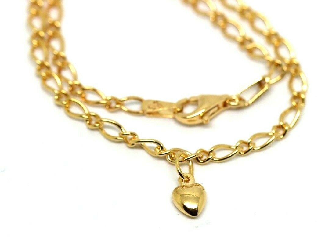 Genuine 9ct 9k 375 Solid Yellow Gold 25cm Oval Figaro Anklet with Heart Charm