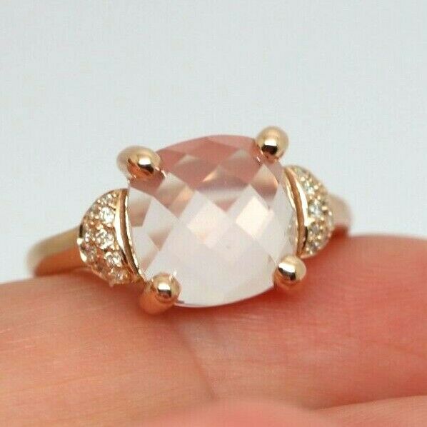 Genuine Solid 9ct375 Rose Gold Rose Quartz Faceted Cushion Stone Diamond Ring, Size K