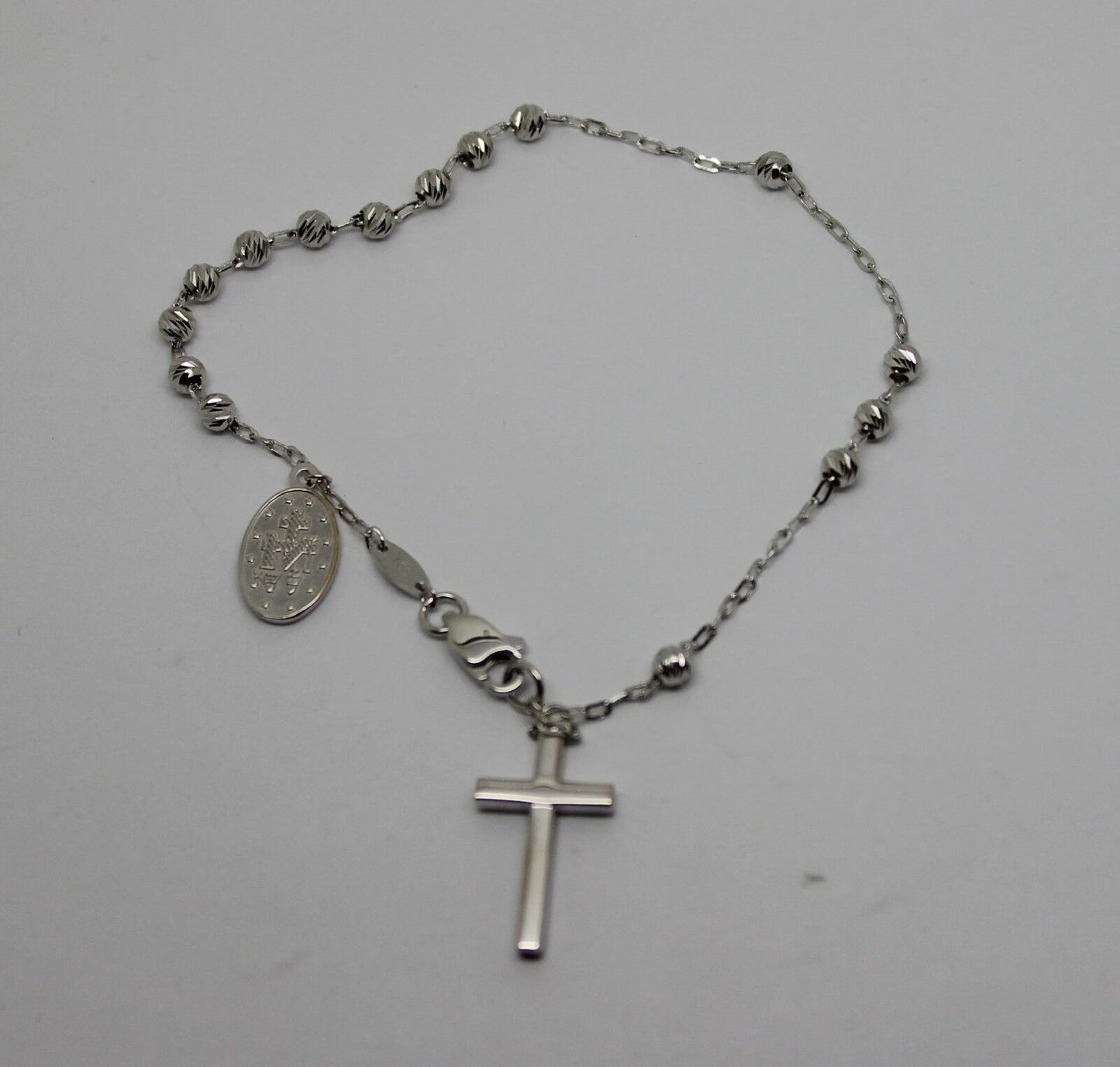 Genuine 18ct 750 White Gold Rosary Beads Cross Bracelet