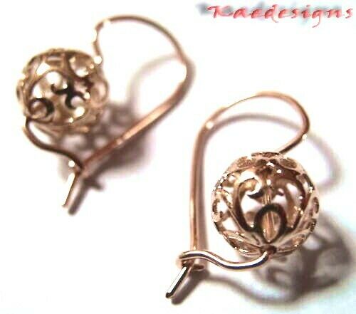 Genuine Solid 9ct Yellow, Rose or White Gold 10mm Euro Ball Drop Filigree  Flower Earrings