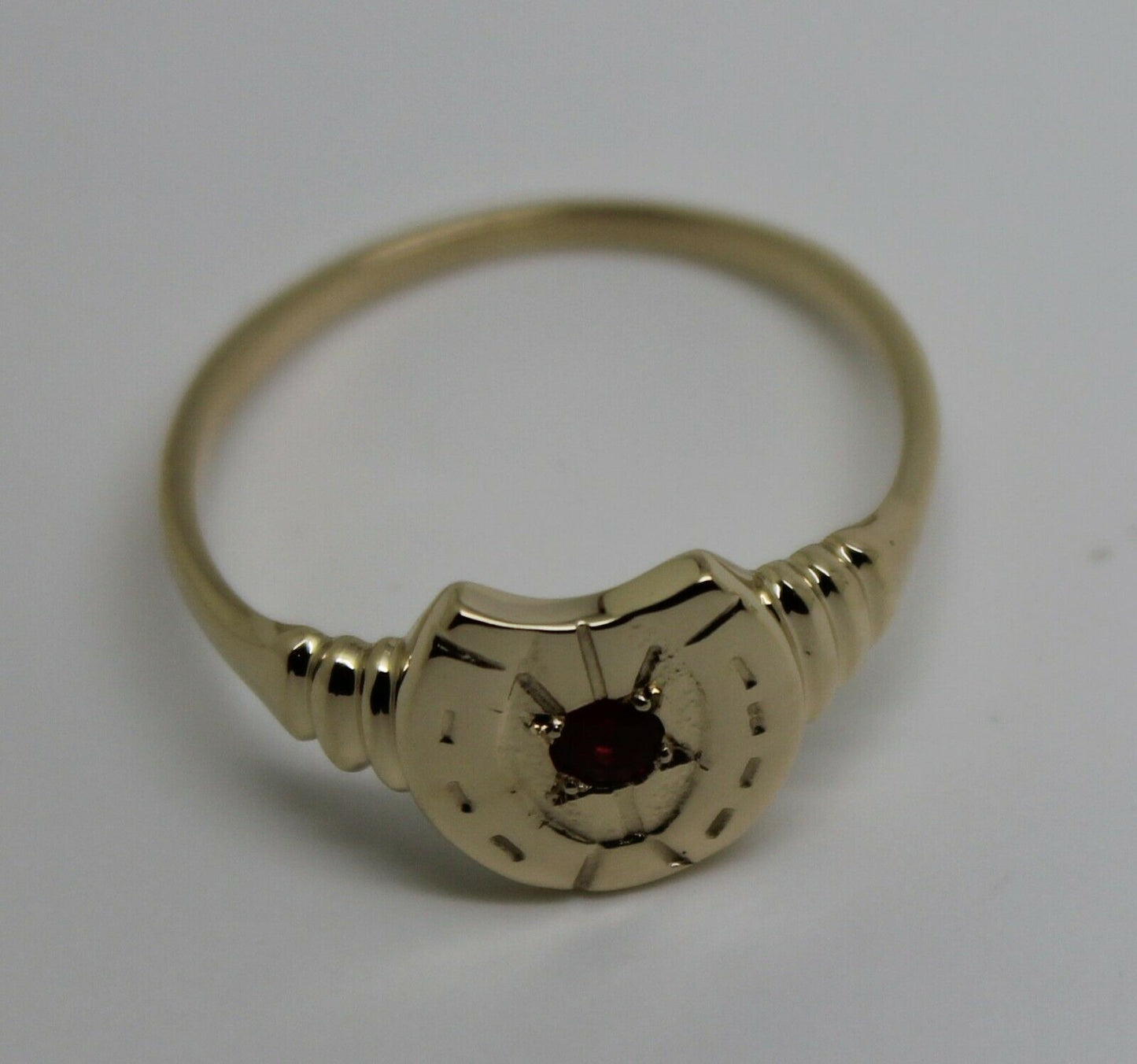 Size N 1/2, Large 9ct 9k Genuine Yellow, Rose or White Gold 3mm Ruby Lucky Horse Shoe Ring