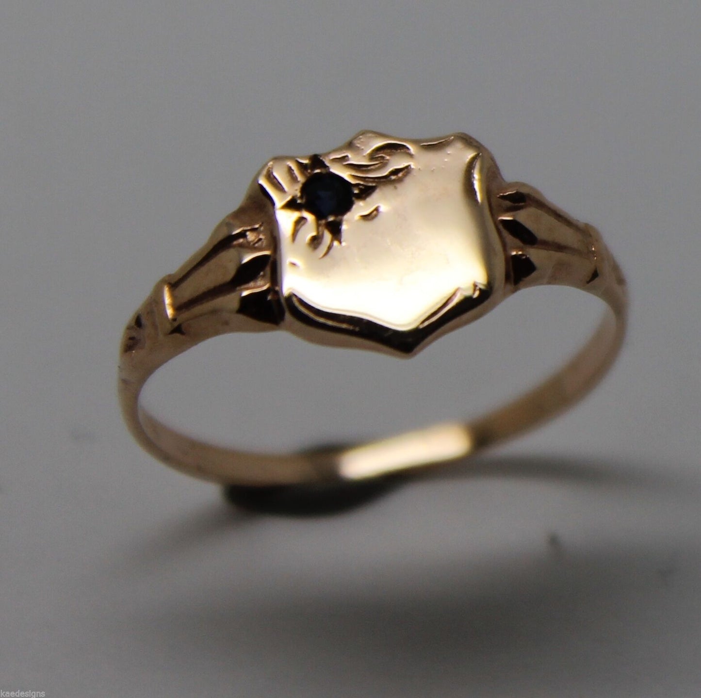 Genuine 9ct 9k Small Rose Blue Sapphire Shield Signet Ring - Choose your size