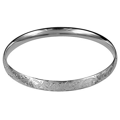 Solid Sterling Silver 925 7mm Wide Engraved Filigree Bangle Solid Comfort Fit