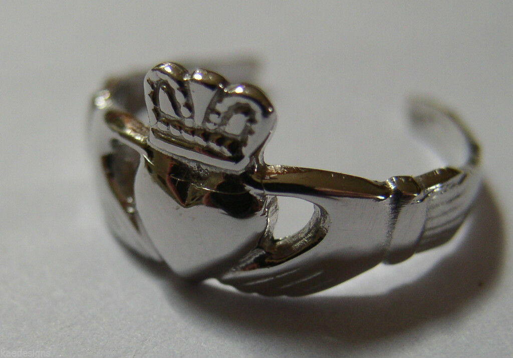 Large Solid 9ct 9k White Gold Irish Claddagh Toe Ring