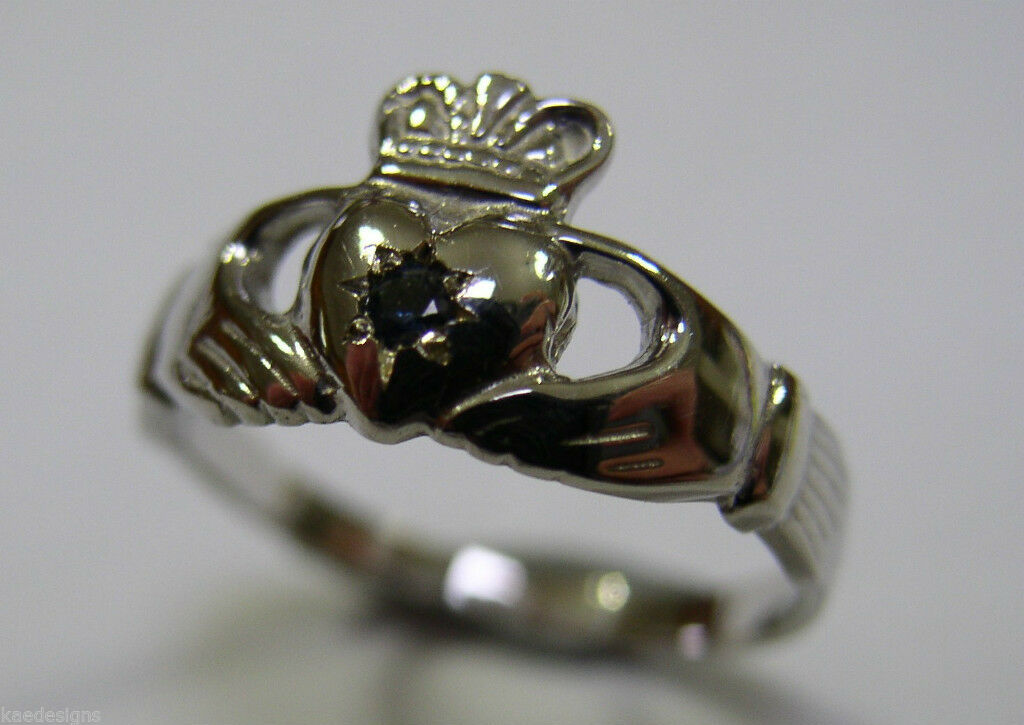 Genuine 9ct White Gold Australian Sapphire (Birthstone September) Claddagh Ring