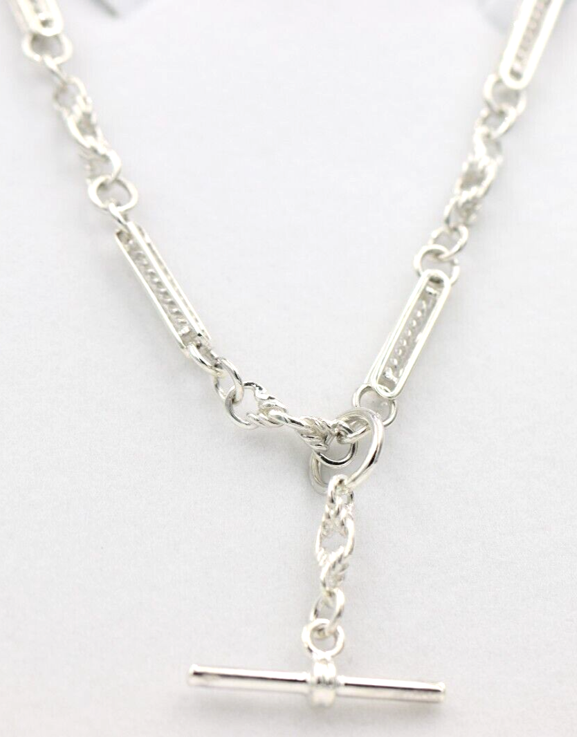 Heavy Genuine Sterling Silver Antique Fancy Oval Belcher Link FOB Chain Necklace + T-Bar