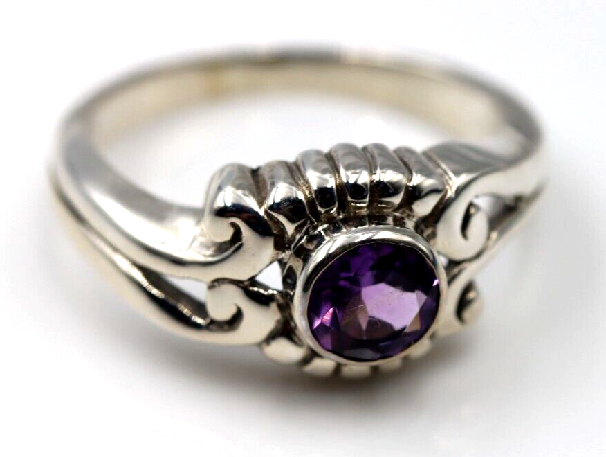 Size L Sterling Silver 925 Purple Round Bezel Amethyst Ring