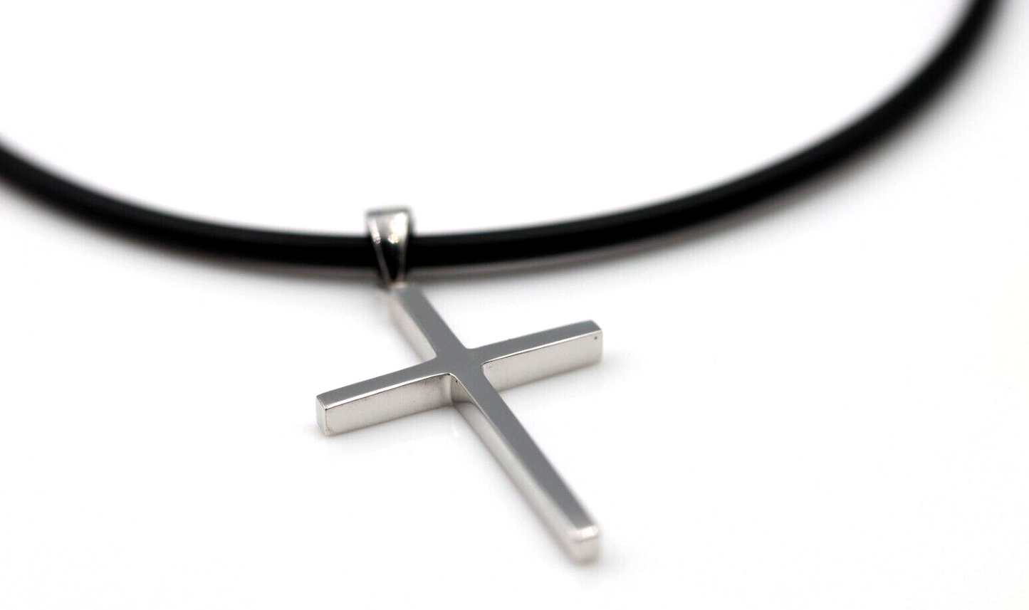 Neoprene Nielit Stick Sterling Silver Cross Pendant + Rubber Chain Necklace