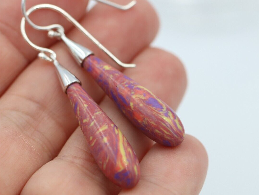 Sterling Silver 925 Ball Earrings Coral Marble Resin Earrings