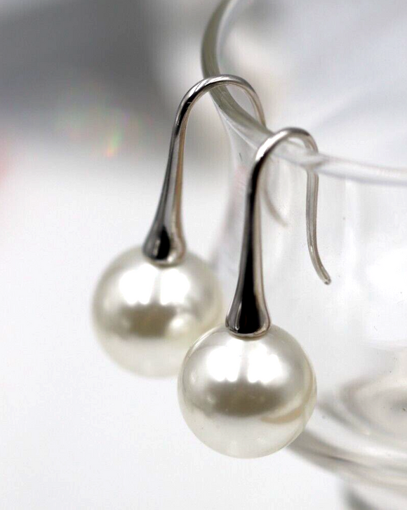 Sterling Silver 925 Large 12mm Shell Pearl Ball Drop Earrings