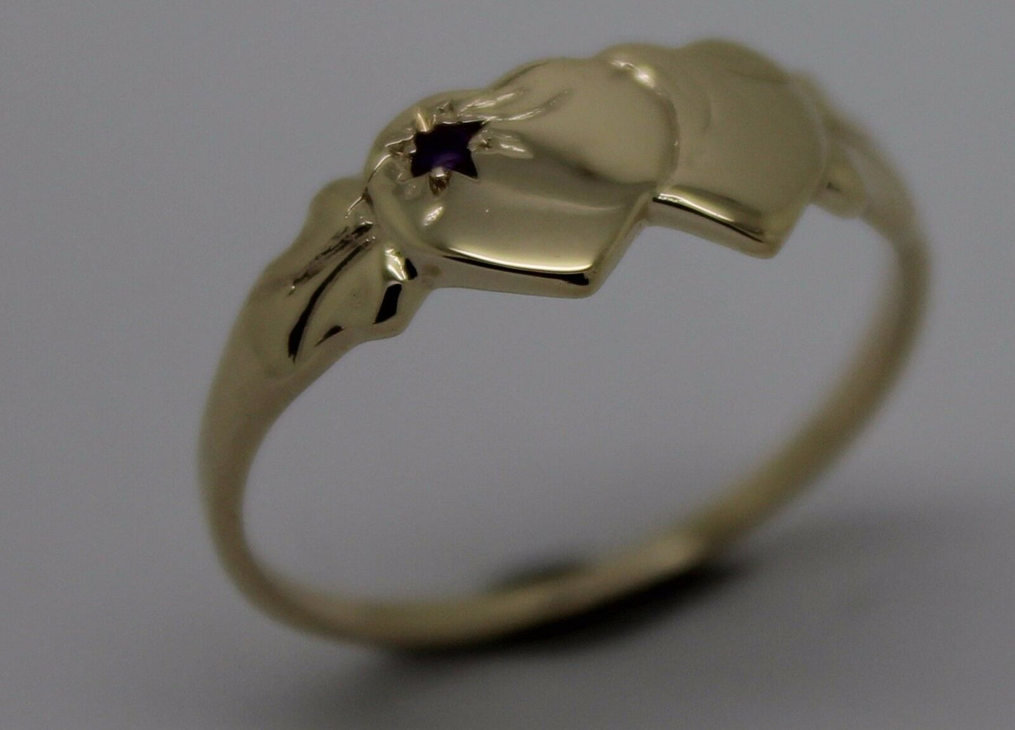 Genuine 9ct Yellow Gold 375 Amethyst (Birthstone Of February) Double Heart Signet Ring Sizes P, Q, R, S, T