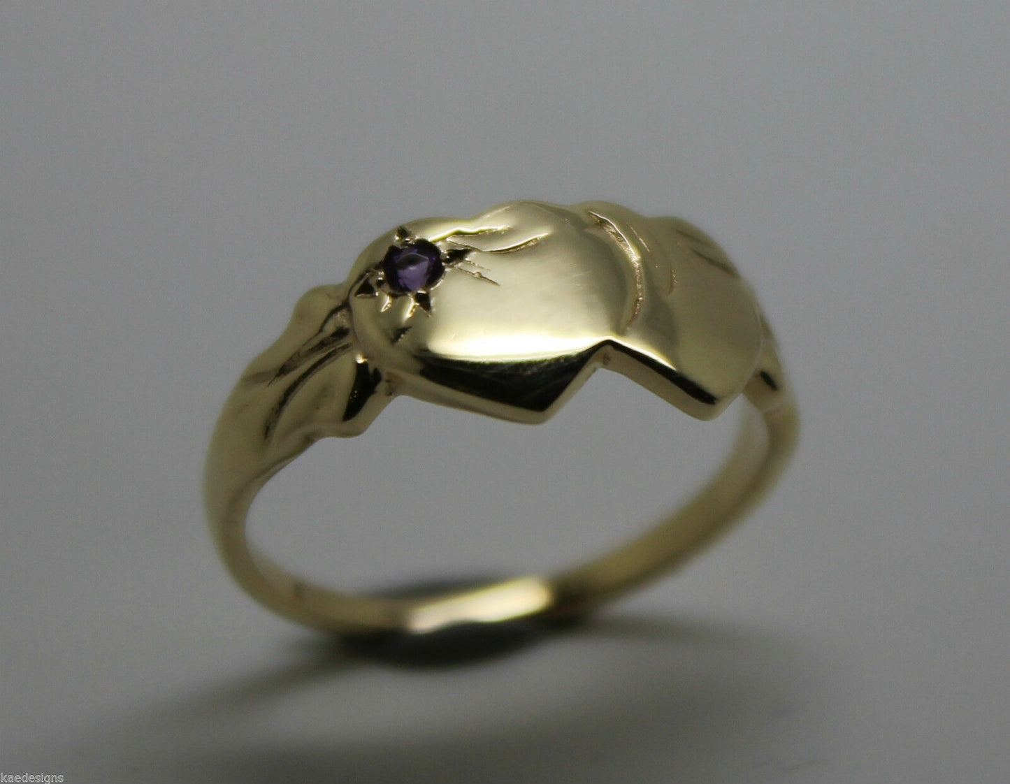 9ct Yellow Gold 375 Amethyst (Birthstone Of February) Double Heart Signet Ring Sizes P, Q, R, S, T