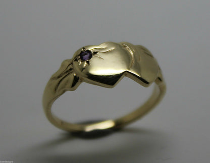 Genuine 9ct Yellow Gold 375 Amethyst (Birthstone Of February) Double Heart Signet Ring Sizes P, Q, R, S, T