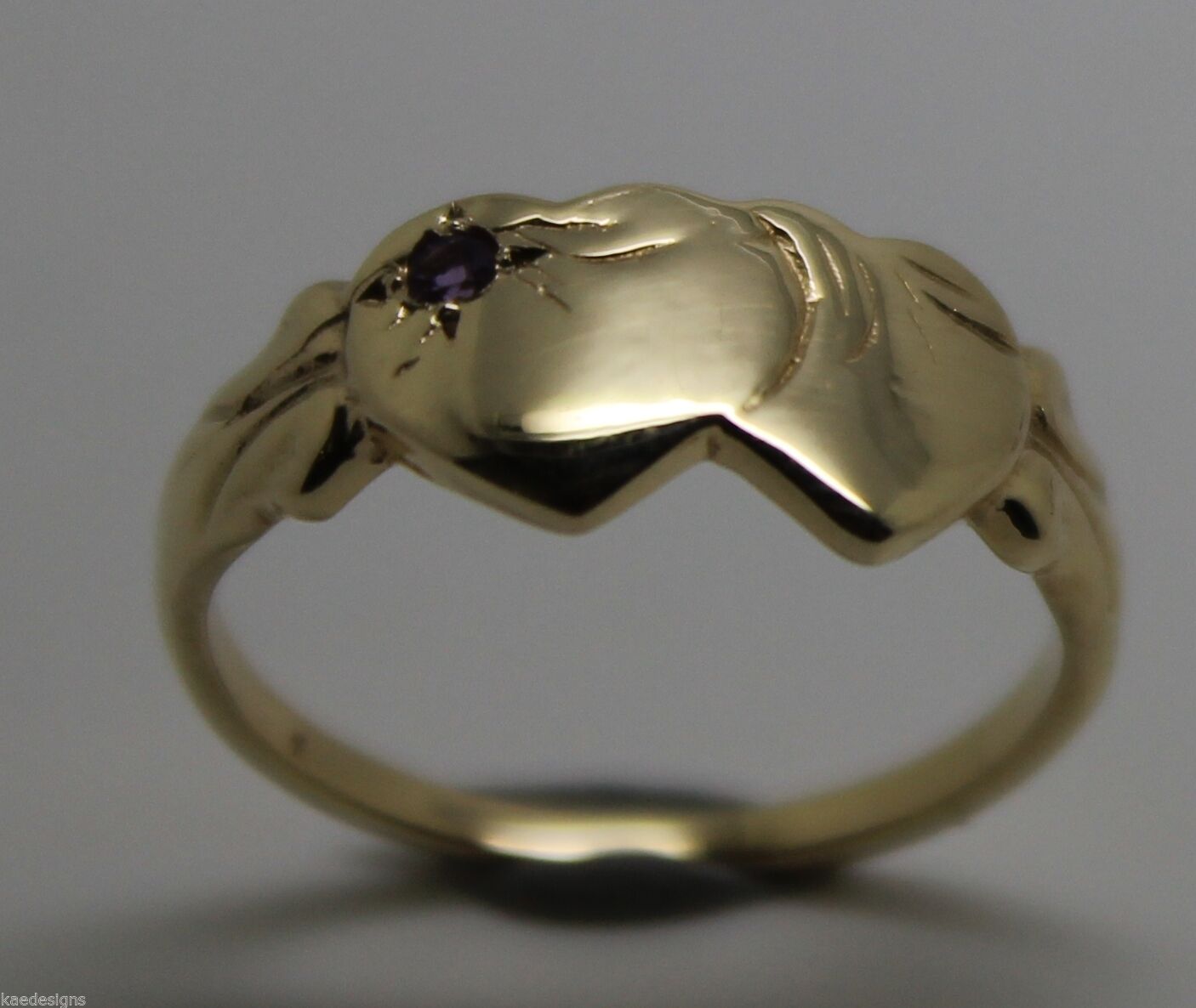 Genuine 9ct Yellow Gold 375 Amethyst (Birthstone Of February) Double Heart Signet Ring Sizes P, Q, R, S, T