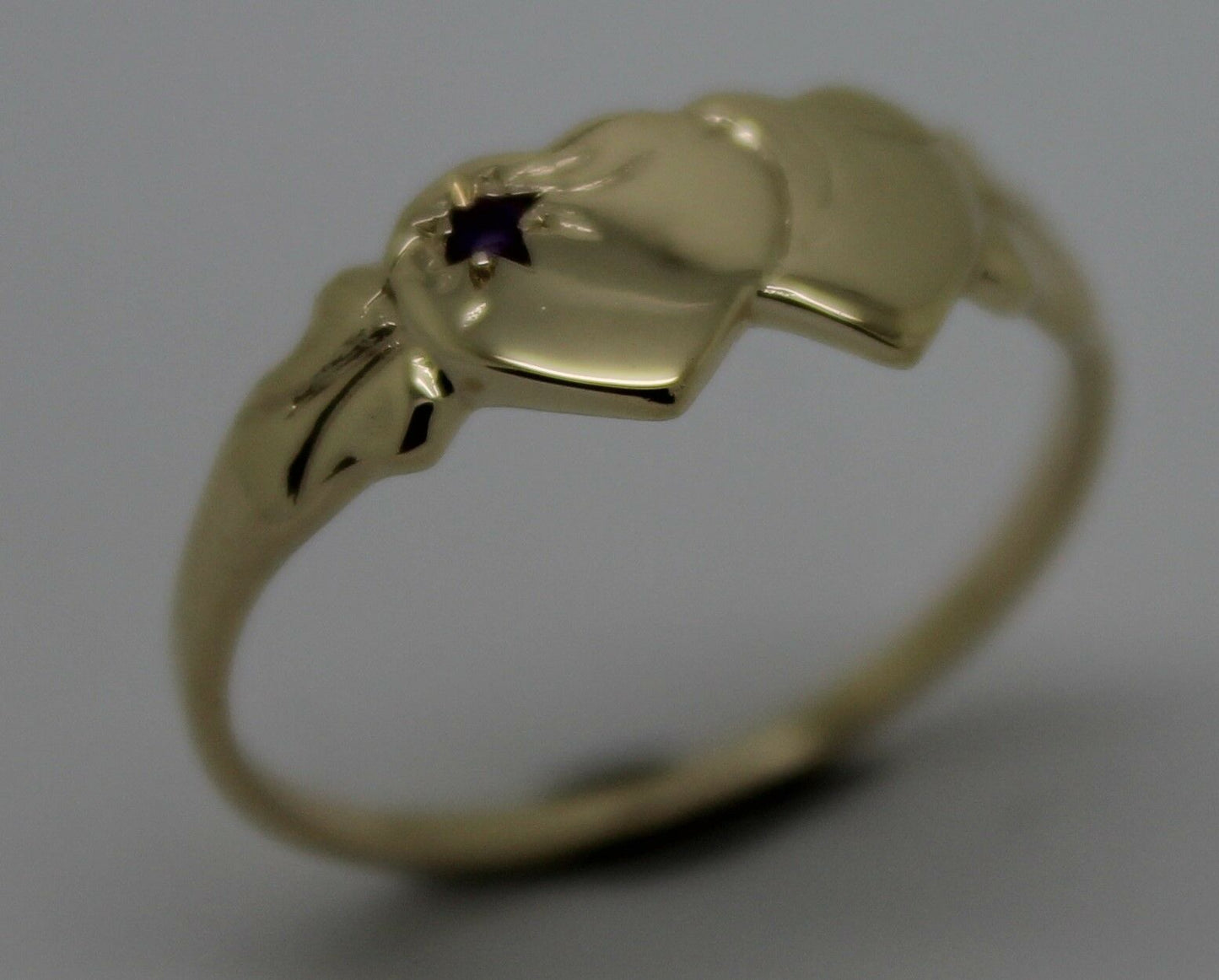 Genuine 9ct Yellow Gold 375 Amethyst (Birthstone Of February) Double Heart Signet Ring Sizes P, Q, R, S, T