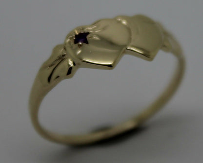 Genuine 9ct Yellow Gold 375 Amethyst (Birthstone Of February) Double Heart Signet Ring Sizes P, Q, R, S, T