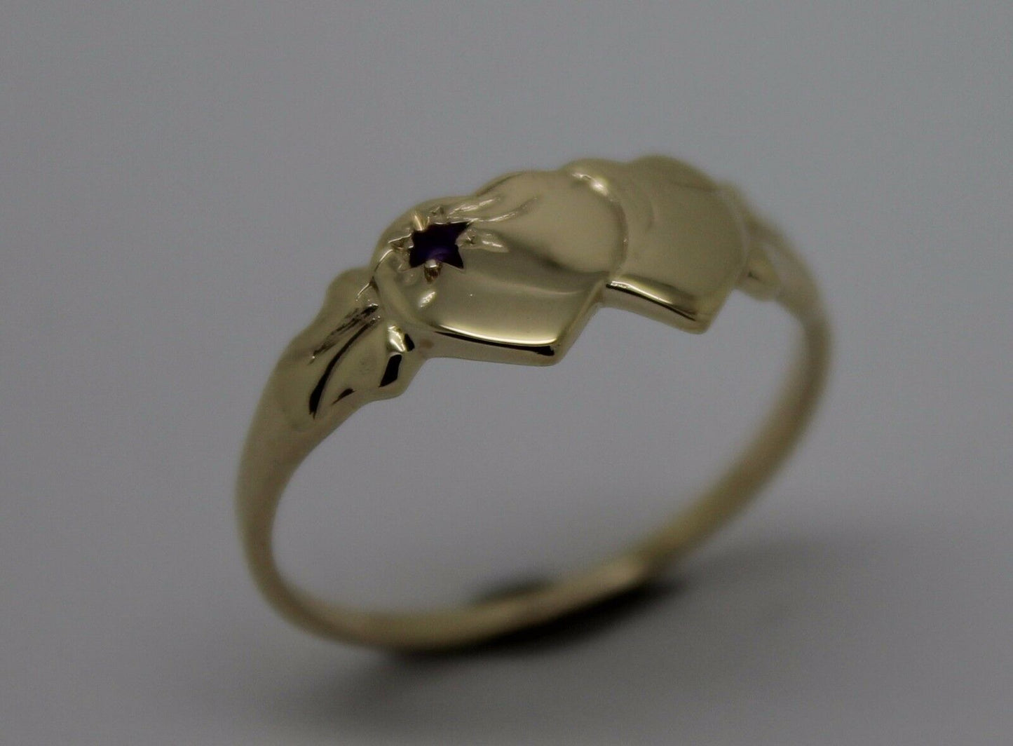 9ct Yellow Gold 375 Amethyst (Birthstone Of February) Double Heart Signet Ring Sizes P, Q, R, S, T