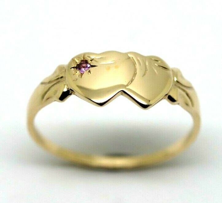 9ct Yellow Gold 375 Amethyst (Birthstone Of February) Double Heart Signet Ring Sizes P, Q, R, S, T