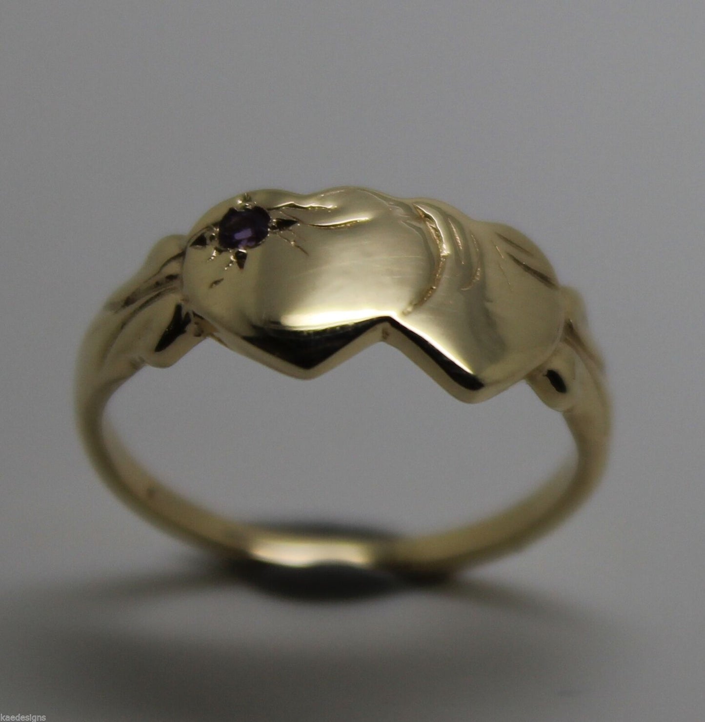 9ct Yellow Gold 375 Amethyst (Birthstone Of February) Double Heart Signet Ring Sizes P, Q, R, S, T