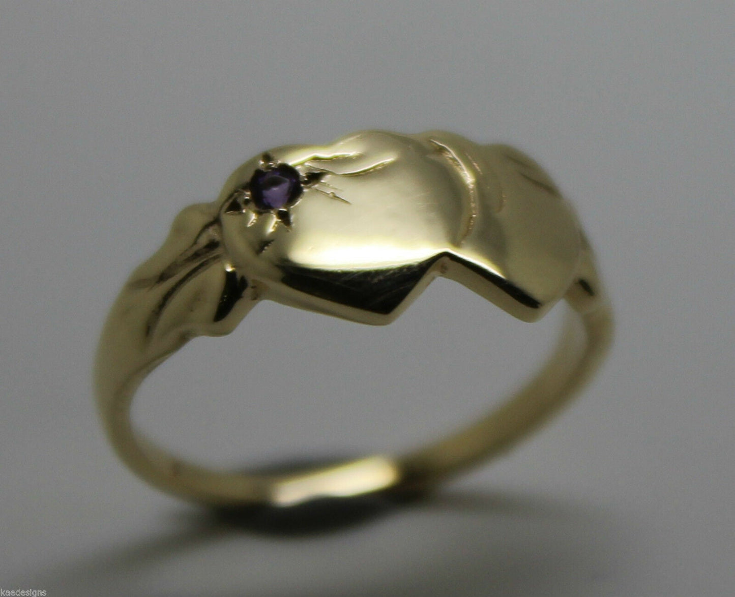 Genuine 9ct Yellow Gold 375 Amethyst (Birthstone Of February) Double Heart Signet Ring Sizes P, Q, R, S, T