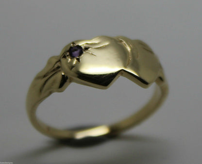 Genuine 9ct Yellow Gold 375 Amethyst (Birthstone Of February) Double Heart Signet Ring Sizes P, Q, R, S, T