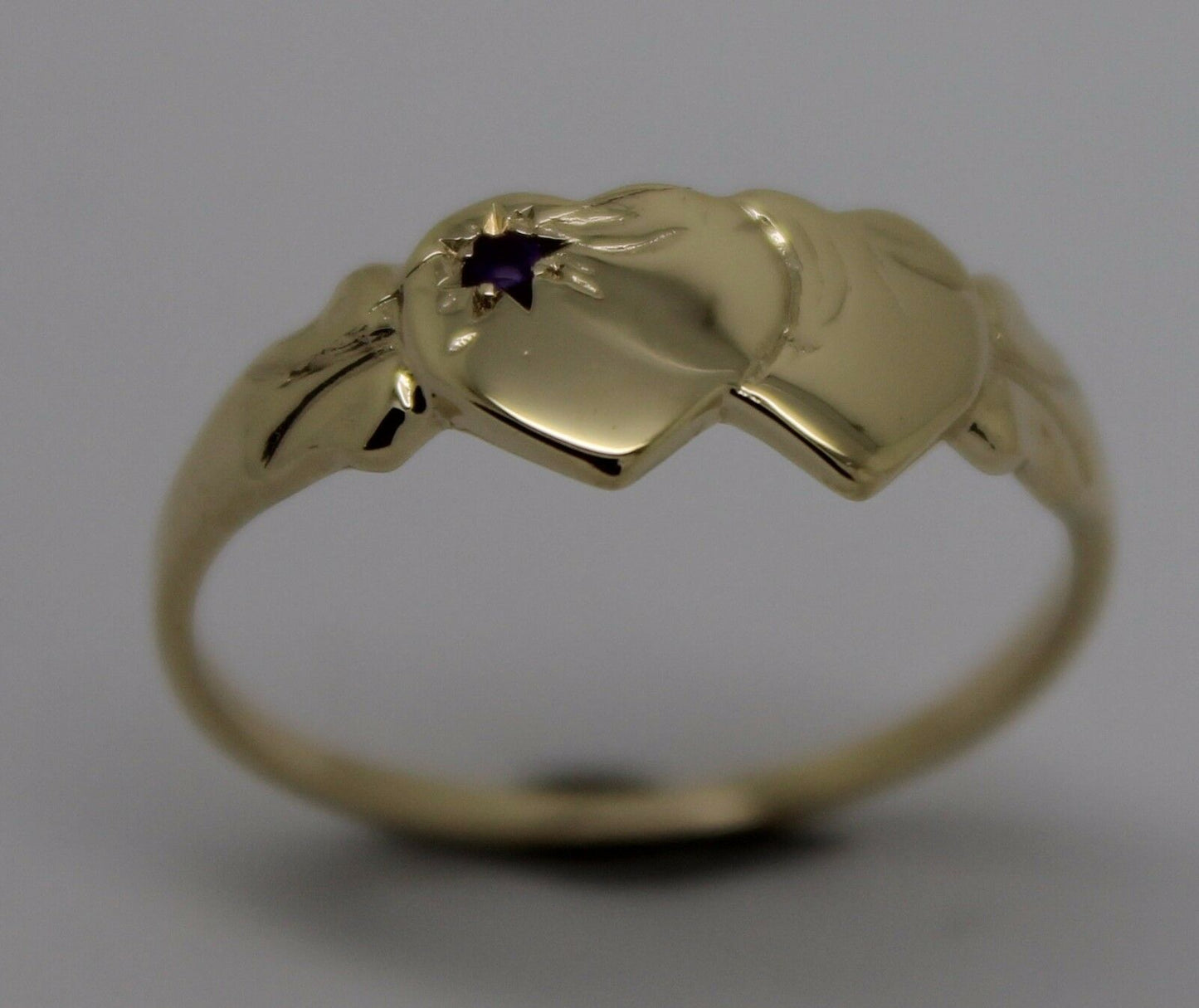 Genuine 9ct Yellow Gold 375 Amethyst (Birthstone Of February) Double Heart Signet Ring Sizes P, Q, R, S, T