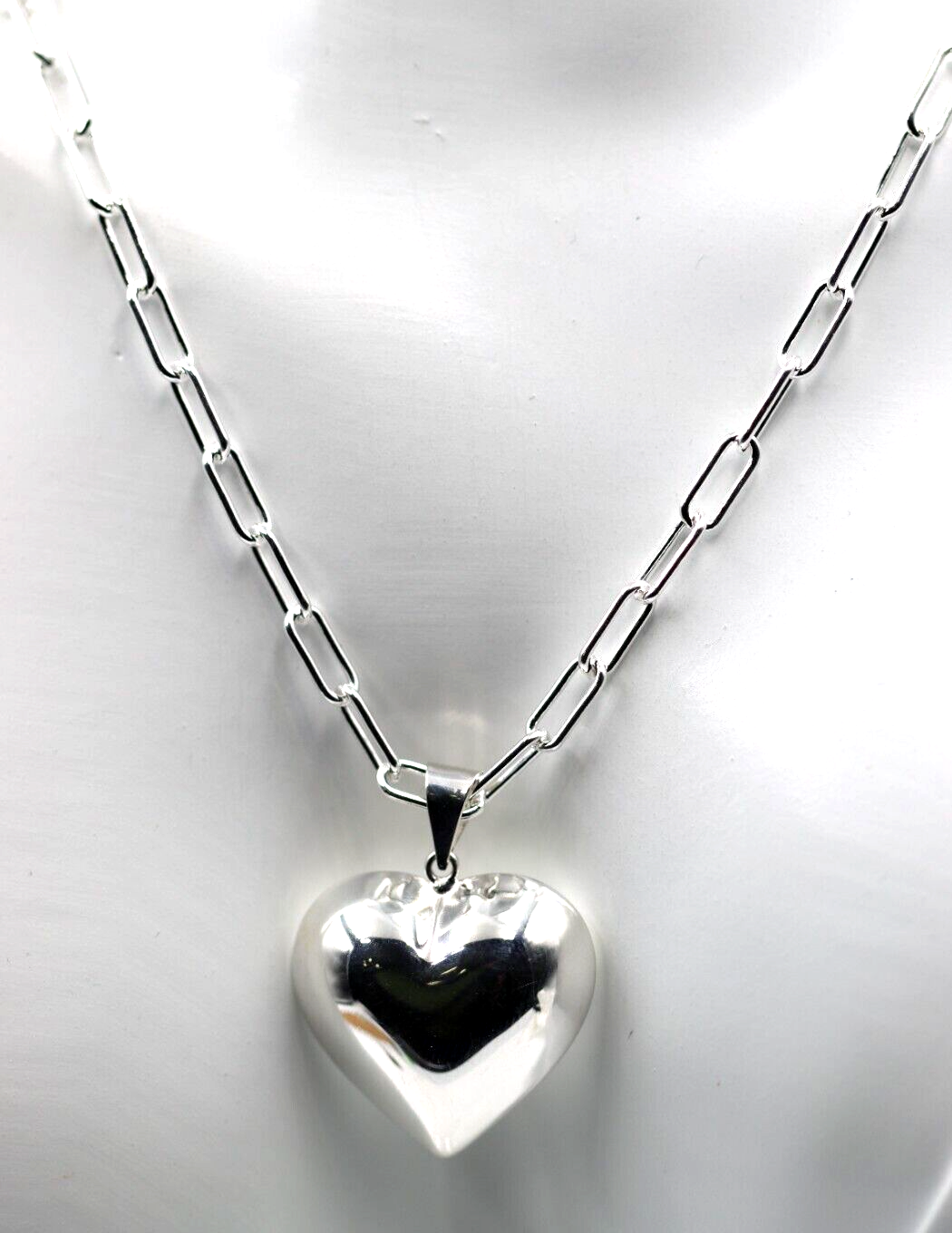 Sterling Silver 925 Paperclip Chain Necklace + Puffy Heart Pendant