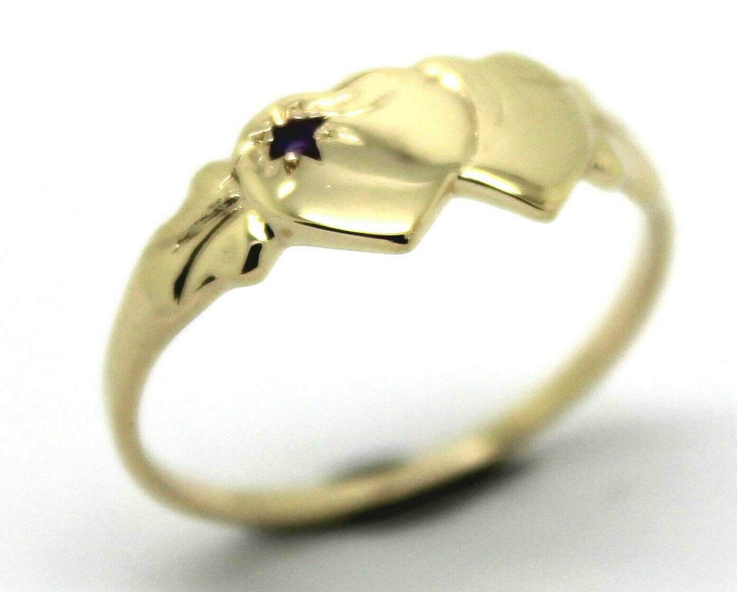 Genuine 9ct Yellow Gold 375 Amethyst (Birthstone Of February) Double Heart Signet Ring Sizes P, Q, R, S, T