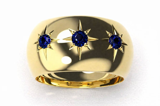 Kaedesigns Genuine 12mm 9ct 9k 375 Yellow Gold Full Solid Wide Band Ring Set with 3 created Sapphires