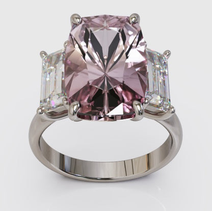 Genuine 18ct 18K White Gold - Size N - Pink Morganite Cushion 14x9mm (5.38cts) + Princess Cut Diamonds Lab Grown 7mm x 4mm Dress Ring