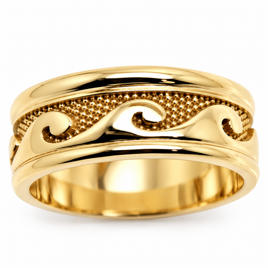 Solid 9ct 9k 375 Gold Surf Wave Ring – 8mm | Yellow, Rose or White Gold - Choose from ring size H to P
