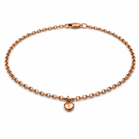 Genuine 9ct 9K 375 Solid Yellow or Rose Gold 25cm Belcher Anklet + 1 heart charm