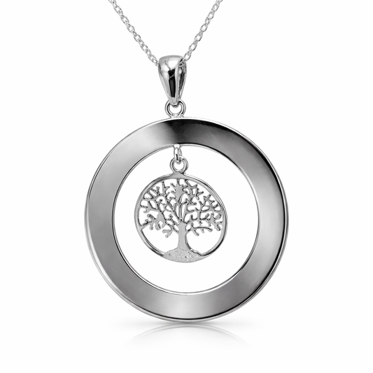 Sterling Silver Open Circle Engraving Disc Pendant + ‘Tree of Life’ + 40cm Chain