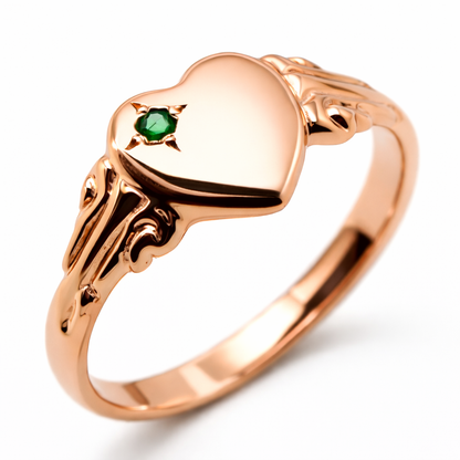 Genuine May Birthstone 9ct Solid Yellow, Rose or White Gold 375 Green Emerald Stone Heart Signet Ring