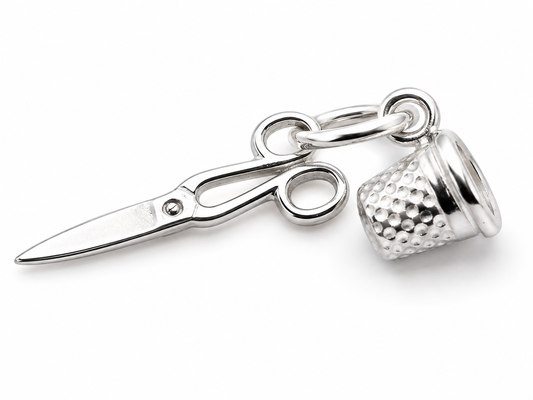 Sterling Silver 925 Scissors and Thimble Sewing Tailor Charm Pendant