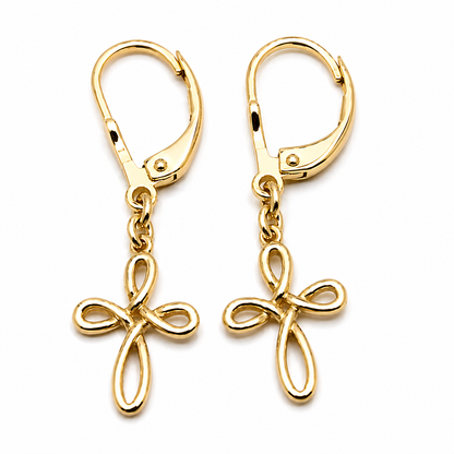 Genuine 9ct 9k 375 Yellow, White Or Rose Gold Continental Hooks Celtic Cross Earrings