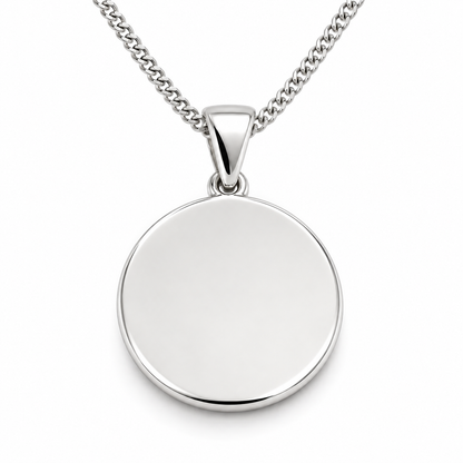 Sterling Silver 925 20mm Disc Pendant or Charm Engraving Available  + 50cm Kerb Chain