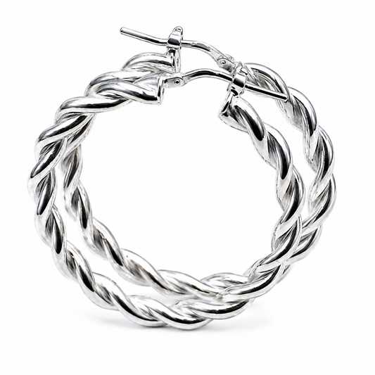 Genuine Large Sterling Silver 925 38mm Round Twist Twisted  Hoop Earrings