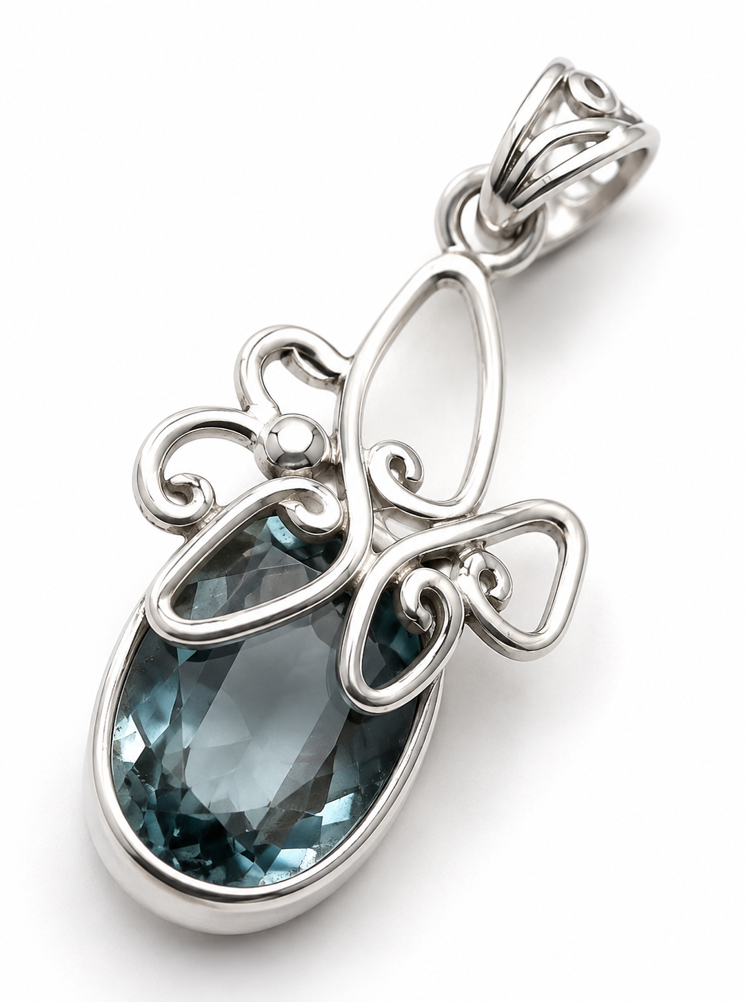 Sterling Silver 925 Filigree Blue Topaz Filigree Oval Pendant