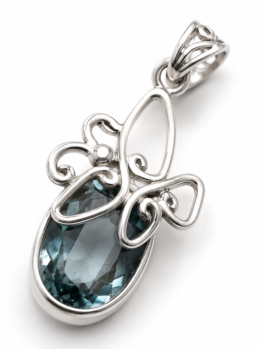 Sterling Silver 925 Filigree Blue Topaz Filigree Oval Pendant