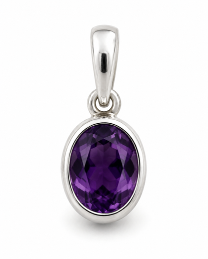 Sterling Silver 925 Oval Bezel Set Natural Amethyst Pendant Charm